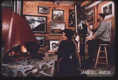 House interior with artist and fire (Photo by Jim Amos of Jim Gray & his wife) 89